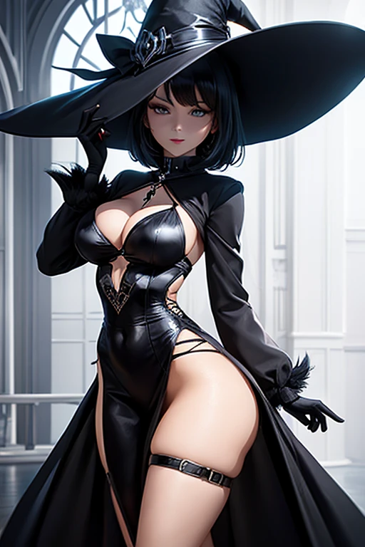 witch, sexy pose, big breasts, black sexy dress, black air, black witch hat, short Classy and Sophisticated hair
