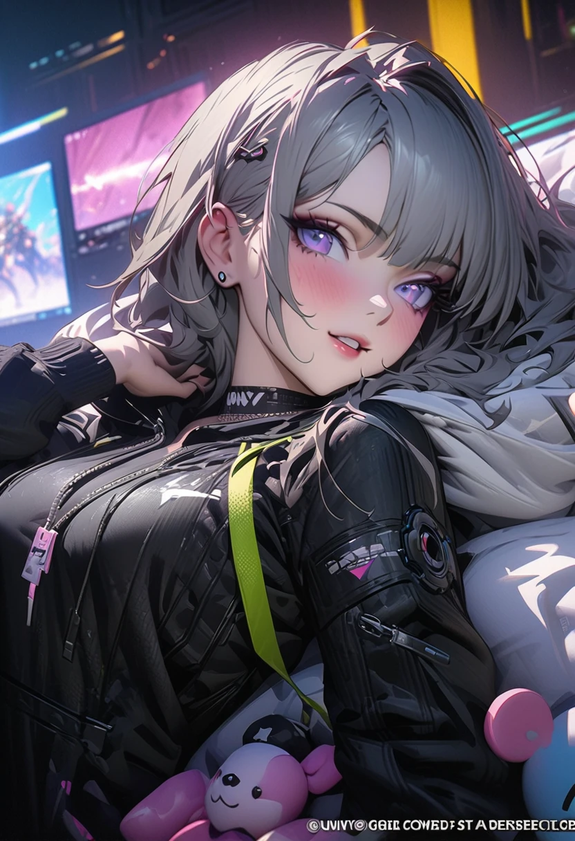 (masterpiece), (最high quality), (High resolution), Large official art, Unity 8k wallpaper, Super detailed, 美しくてbeautiful, high quality, beautiful, masterpiece, The best quality at its best, (((woman))), woman一人, The girl lay on the bed,He has a guitar and lots of toys., Gveiz-style artwork, Anime Girl Cosplay, Cyberpunk Anime Girl, Anime Style 4K, AND - , egirl, Gveiz, Fan Art Best Art Station, guweiz on pixiv artstation, Anime Style, Cyberpunk anime girl in a hoodie