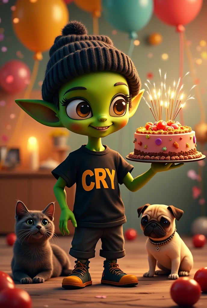 small green male smiling alien with cute face, dressed in a black beanie and a black t-shirt with the name CRY on it and carrying a 25th birthday cake with intricate, animated details, accompanied by an Egyptian cat and a pug dog 