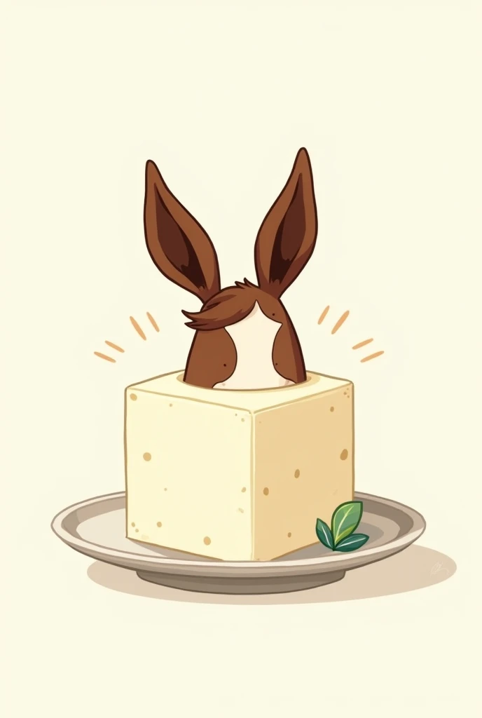 Simple illustrations with thick lines and four or fewer colors。A horse's ear grows out of a square of tofu on a plate.。No parts other than the ears are needed