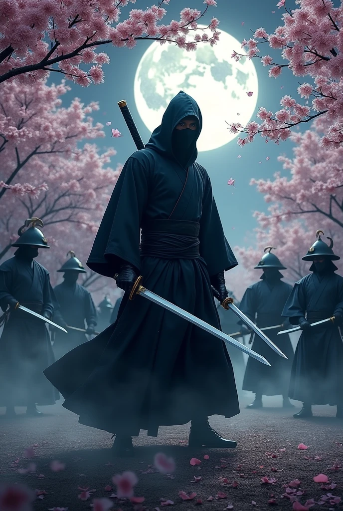 Masked Japanese ninja facing several samurai at night