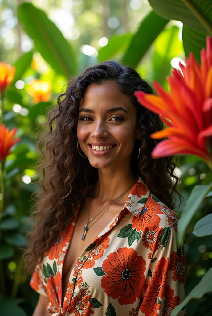 A Brazilian woman in a lush tropical garden, wearing an open shirt with a floral print, with a close-up capturing the harmonious beauty between her breasts and the natural flowers, showing off your natural charm and outgoing personality.