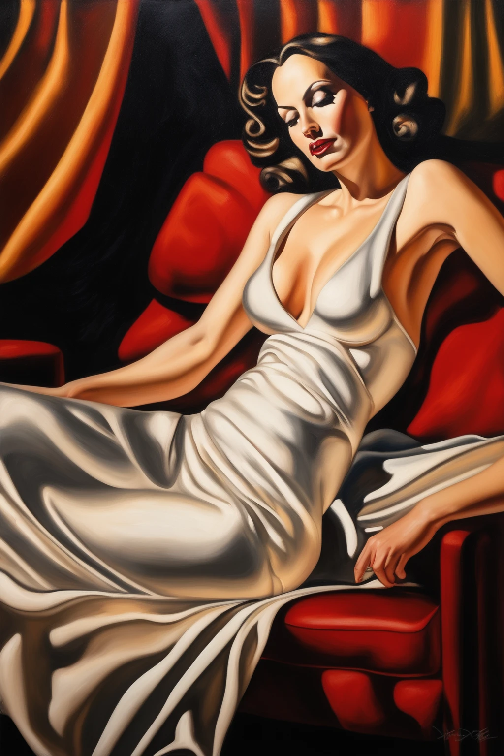 Painting of a milf reclined in ecstasy. Oil painting in the style of Tamera de Lempicka

