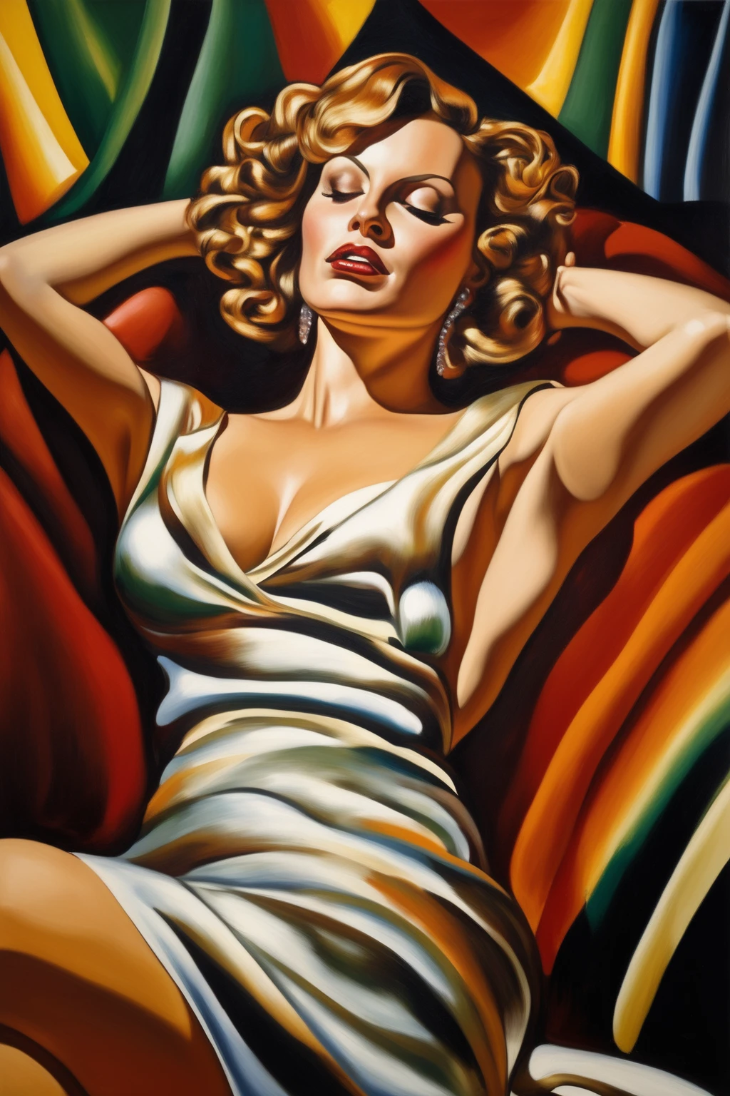 Painting of a milf reclined in ecstasy. Oil painting in the style of Tamera de Lempicka

