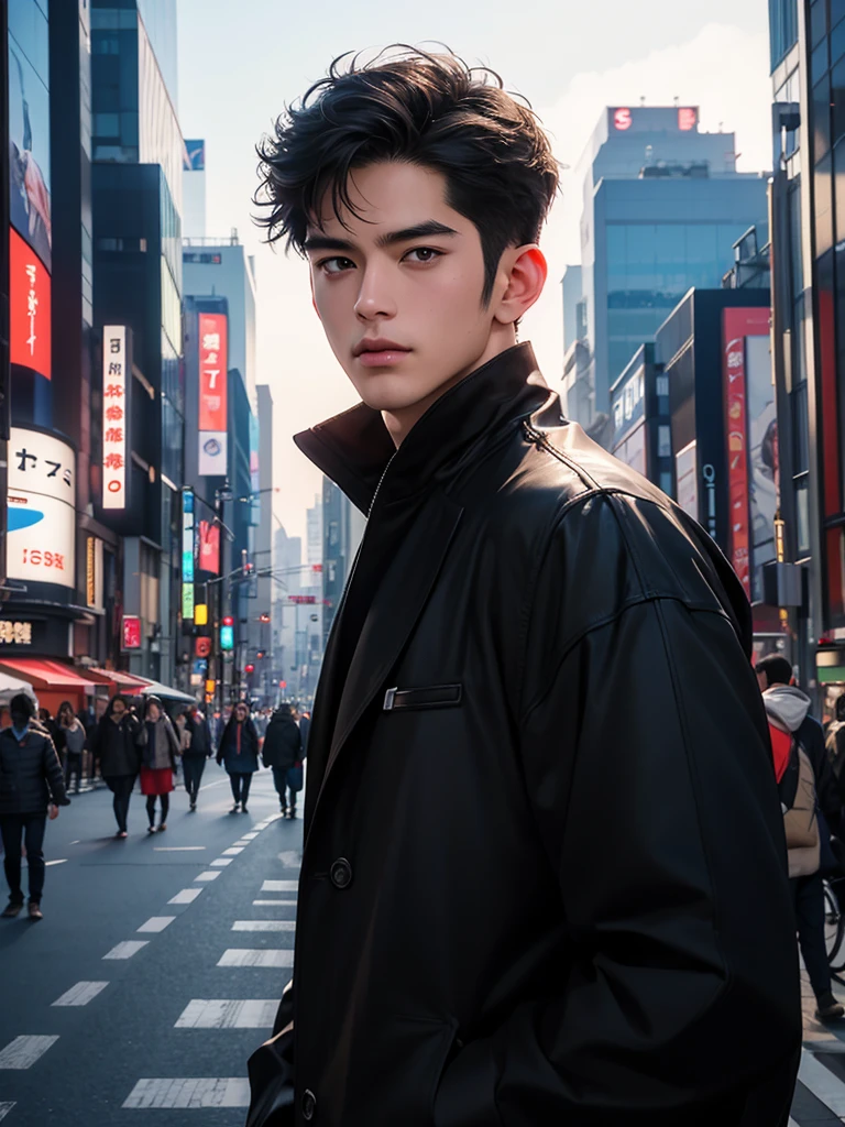 Photorealsitic, 8K Half Body Poster, a handsome, japanes, a 25-year-old man, A charming expression, detailed face details,TOKYOcty, buzzer, Shibuya in the background