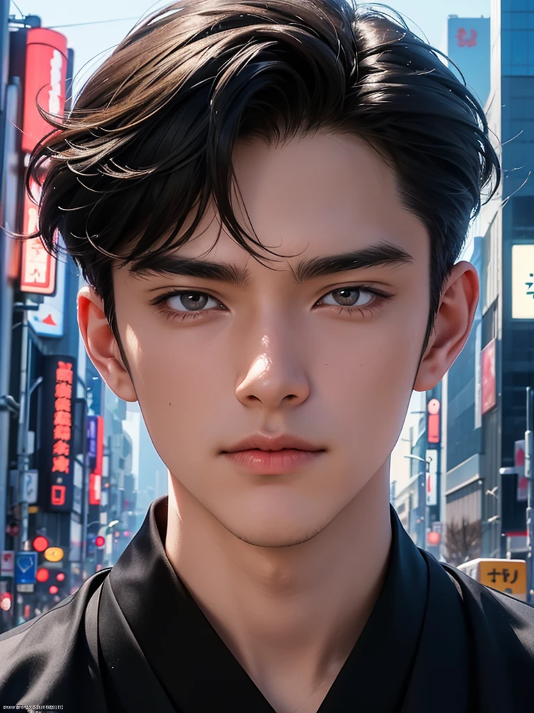 Photorealsitic, 8K Half Body Poster, a handsome, japanes, a 25-year-old man, A charming expression, detailed face details,TOKYOcty, buzzer, Shibuya in the background