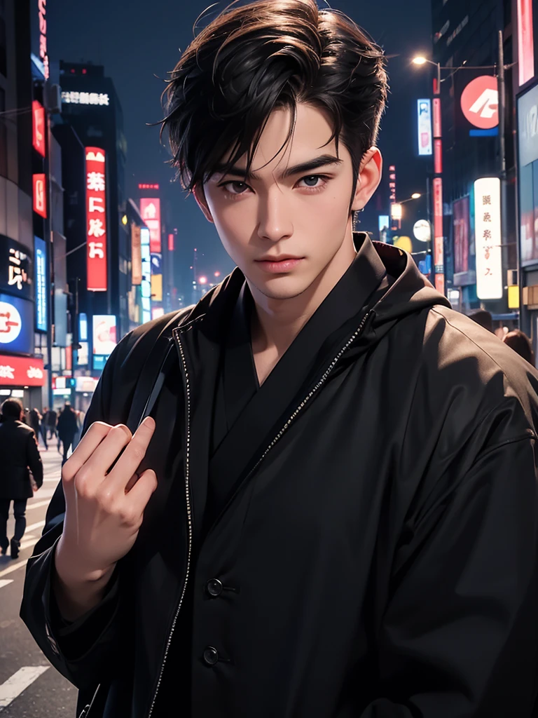 (masterpiece), ((Highest quality)), (masterpiece,Highest quality,Official Art,Highly detailed CG Unity 8K wallpapers)、good looking, alone, 1 male, Black hair with smoky grey tips, Brown eyes, Black Shirt, Black and white hooded, smoking, night, Black light、In a completely different expression