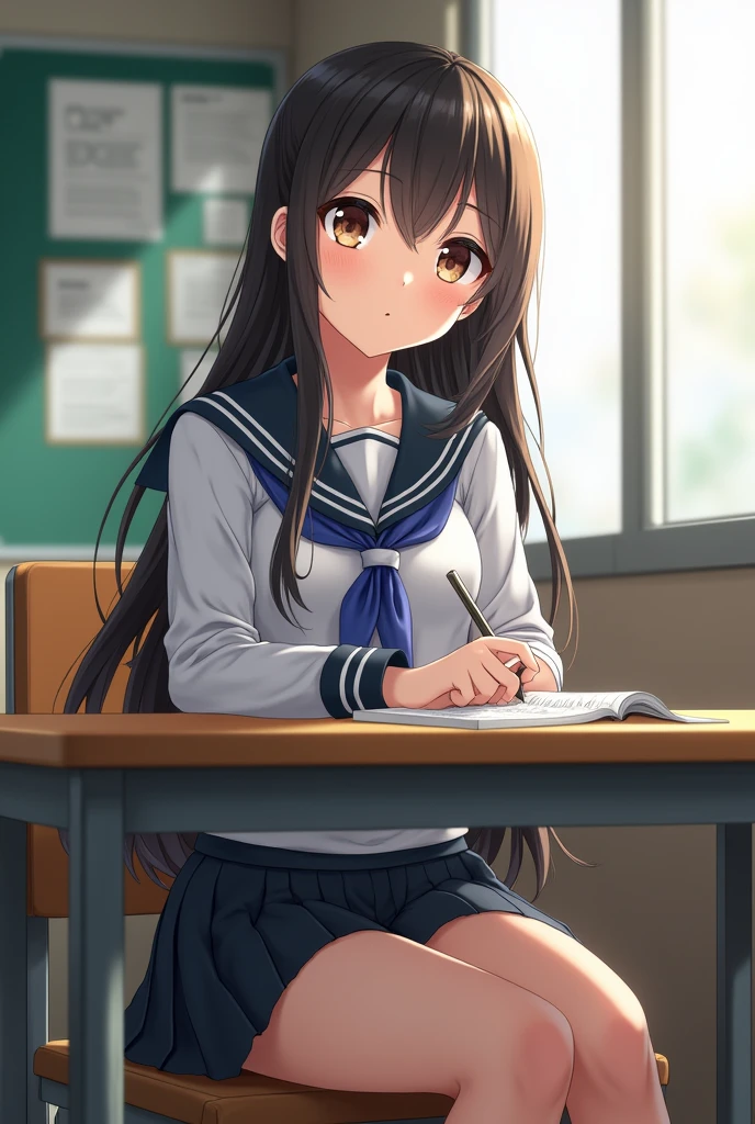 Tourist Office,Very beautiful Japanese schoolgirl、In uniform、sit on the desk and open your legs、Detailed Images、nature、natural、Highest Resolution、From the groin up、Actress face