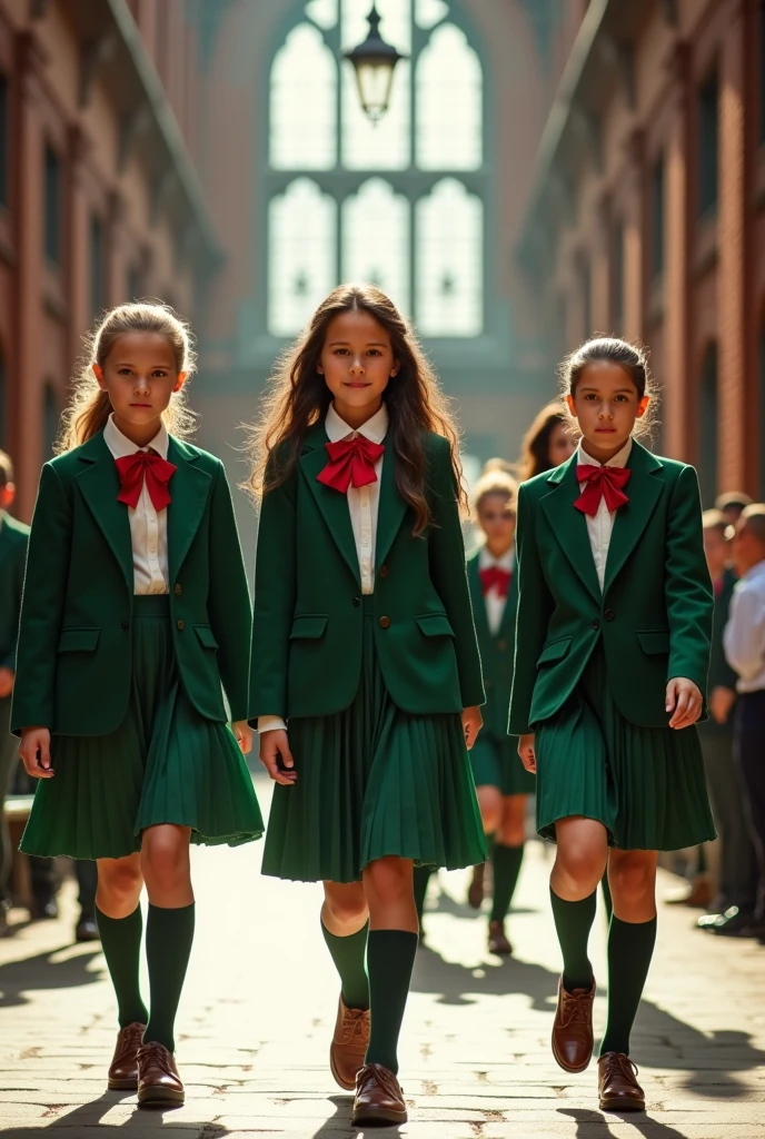 Brick school, tall and spacious, students wear green uniforms, high school students, located in the city, uniforms are green with red ribbons and green blazers, skirt color is green, uniform is deep green, real photo, ribbon instead of tie, shoes are brown leather