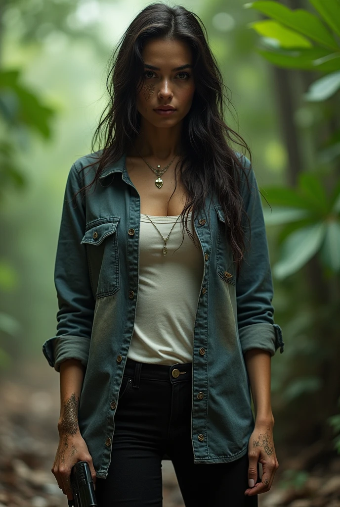 A very beautiful and glamorous 38-year-old female agent、She's lost in the jungle with a muddy pistol to escape her enemies.、A tattered, ripped, muddy denim shirt and a white tank top、Black tight pants and trekking boots、dark brunette One-length Perfectly straight very long wet Messy hair,A bruised and exhausted face and body、Very large, pendulous breasts、a perfect glamorous mature woman's proportions、super realistic mature's body and skin,very huge sagging tits,very glamorous sexy figure,