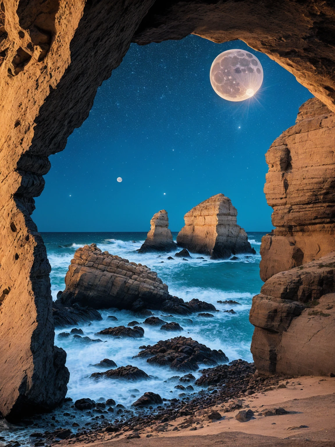 Full moon in the night sky; shining stars; crashing waves; boulders on coastline; intricately detailed; exquisite design; Inspired by Italian fashion; Award winning graphic design; Fashion photography; 8k; masterpiece