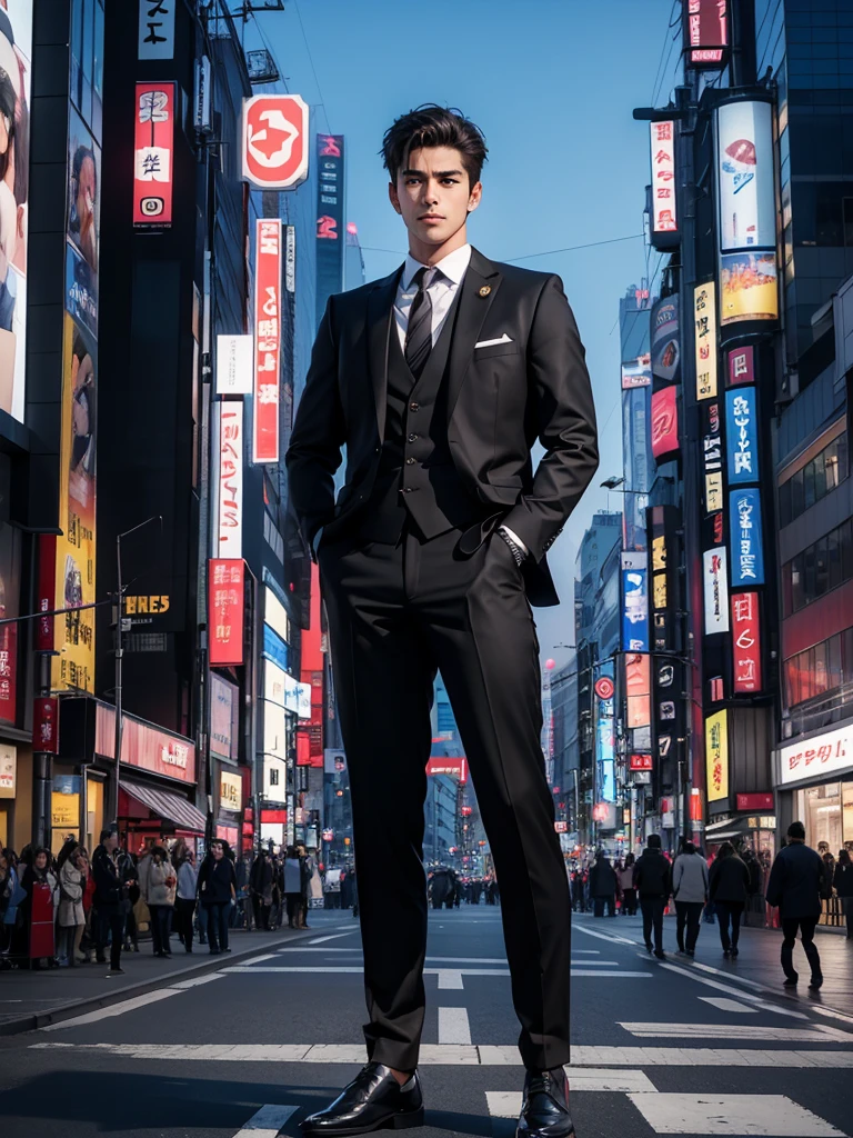 Photorealsitic, 8K full body poster, a handsome, japanes, a 25-year-old man, A charming expression, detailed face details,TOKYOcty, buzzer, Shibuya in the background