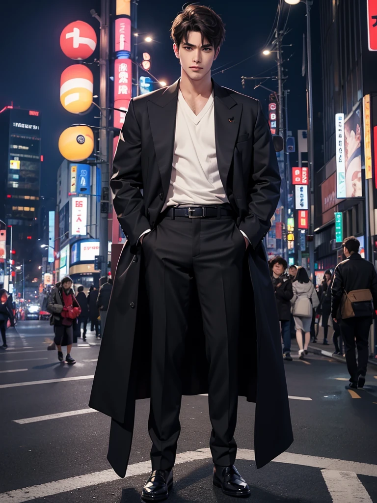 Photorealsitic, 8K full body poster, a handsome, japanes, a 25-year-old man, A charming expression, detailed face details,TOKYOcty, buzzer, Shibuya in the background