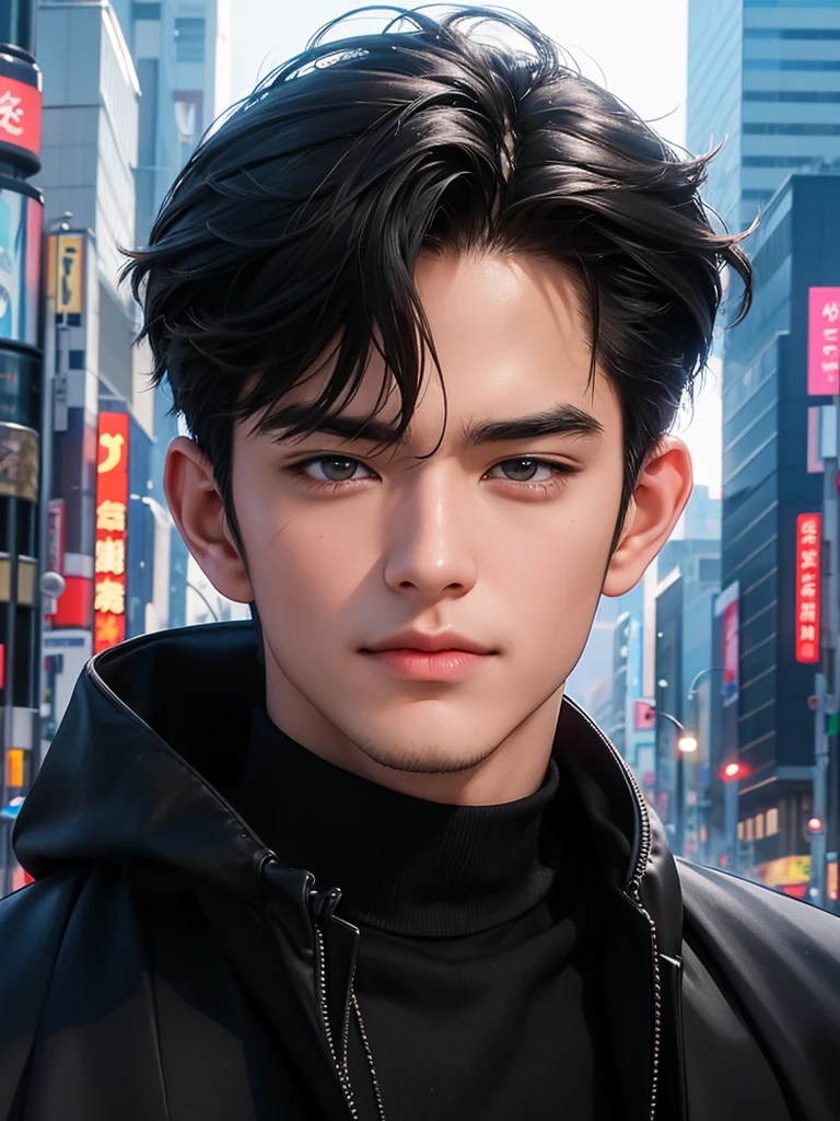 Photorealsitic, 8K full body poster, a handsome, japanes, a 25-year-old man, A charming expression, detailed face details,TOKYOcty, buzzer, Shibuya in the background