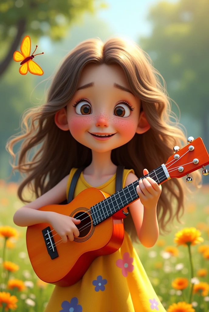 A WHITE, adolescent, with long, wavy, waist-length brown hair, eyes browns,with freckles on the face, playing ukulele and made like a pixar character