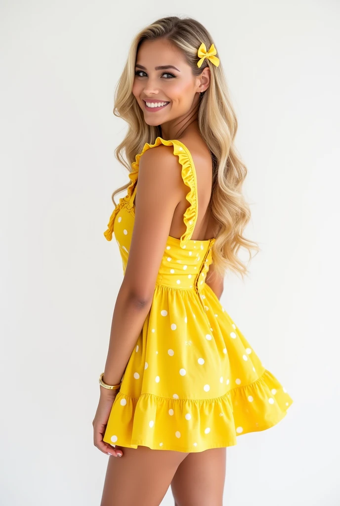 Gorgeous Blonde smilling in a sexy, yellow dress , ponytail hair , long sexy legs