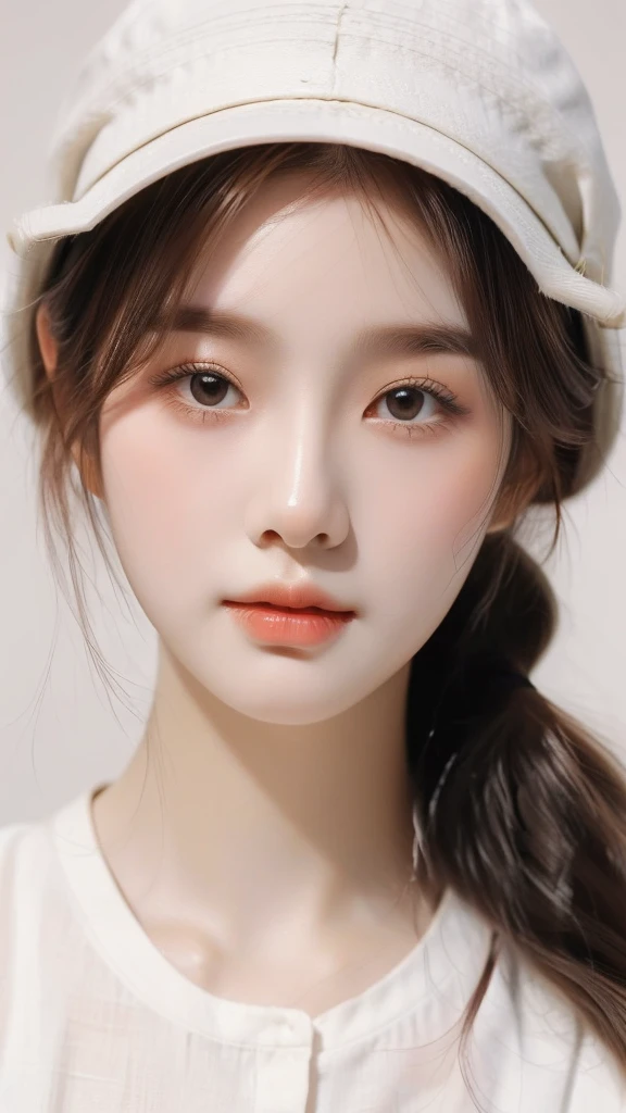 a close up of a woman wearing a white hat and a white shirt, ulzzang, young adorable korean face, girl cute-fine-face, korean girl, popular south korean makeup, beautiful south korean woman, gorgeous young korean woman, with round face, popular korean makeup, beautiful smooth oval head, with cute - fine - face, beautiful young korean woman