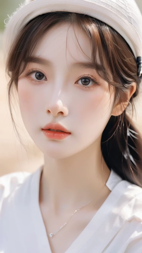 a close up of a woman wearing a white hat and a white shirt, ulzzang, young adorable korean face, girl cute-fine-face, korean girl, popular south korean makeup, beautiful south korean woman, gorgeous young korean woman, with round face, popular korean makeup, beautiful smooth oval head, with cute - fine - face, beautiful young korean woman