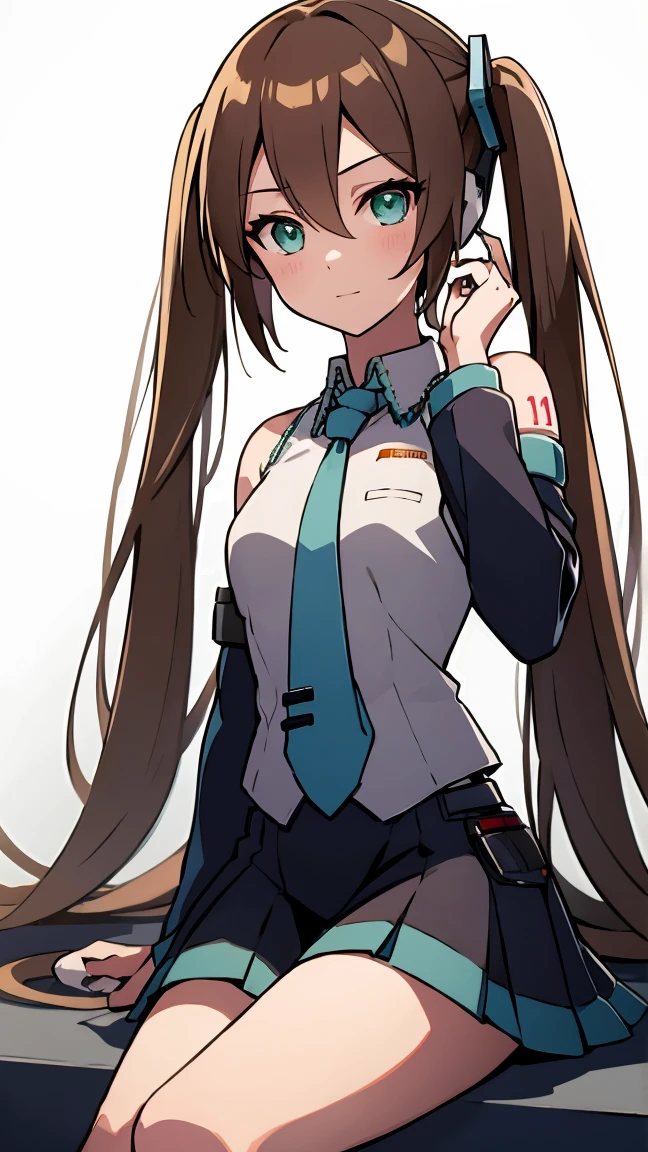 Aile_Megmanzx , 1girl, Simple background, Long hair, Green eyes, Brown hair, Hatsune Miku Cosplay, sitting