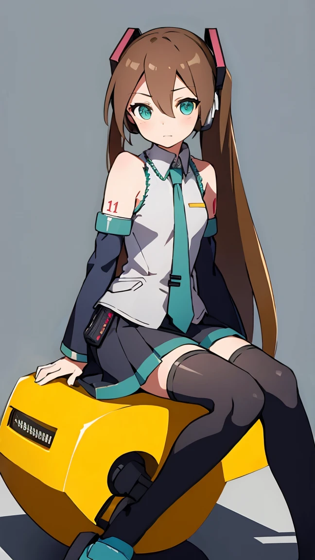 Aile_Megmanzx , 1girl, Simple background, Long hair,  Green eyes, Brown hair, Hatsune Miku Cosplay, sitting