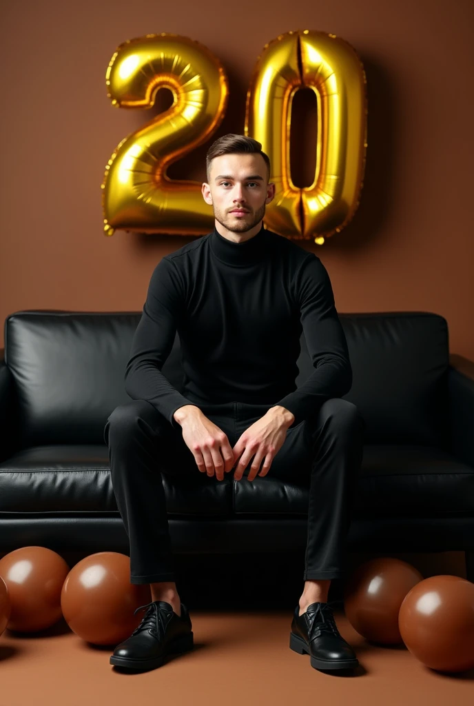 best qualityer:1.4), (ultra high resolution:1.2), (photorrealistic:1.4), (8k, CRU photo:1.2), 1 young man, 20 years old, thin, has thin arms, skin black, with a smooth, beardless face, with the military haircut, black long sleeve turtleneck shirt. black dress pants. black sneakers. He is sitting on a black sofa. is in a photography studio with a brown background. On the wall there are golden balloons in the shape of the number 20. The hair on top is well cut. There is no muscle in the arms. Brown baby balloons are scattered on the floor.