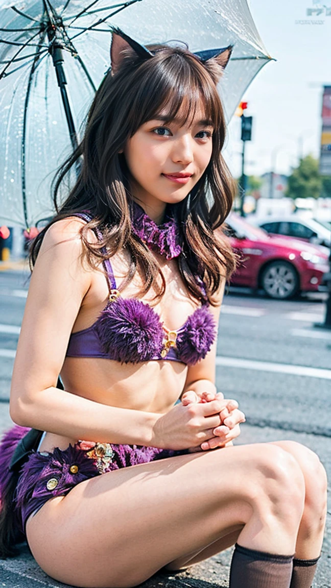 Girl Walking On The Road, City of night, Rain street background, Crowd in the background, Cleavage, (Small Tits:1.5、Beautiful cherry-colored areola、Erect nipples、Narrow waist、Small sled、Shaved), Beautiful Face, Beautiful Lips, Purple Bikini, Mash BC, Elbow hand pockets, fur trimmed gloves, Fur-trimmed legwear, Fur collar, Fur trim, O-ring, Purple gloves, Purple knee socks, Wolf Year, smile, high quality, masterpiece, Professional Lighting, Smooth focus, sharp, 8k wallpaper, Cute pose, Crowded background, software、Wearing a cat ear headband