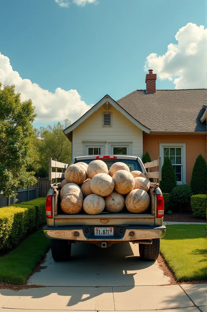Generate an image of a pickup truck that has railings and is filled with many round balls covered in newspaper that is parked outside in front of a house in a geo-division