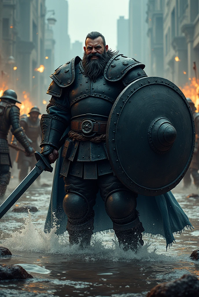 An anime character:
A fat man with a beard and a sadistic smile.
Wearing heavy black armor and with a long sword in his right hand and a large round black steel shield in his left. In the background you can see a battle between several soldiers in a very shallow river..