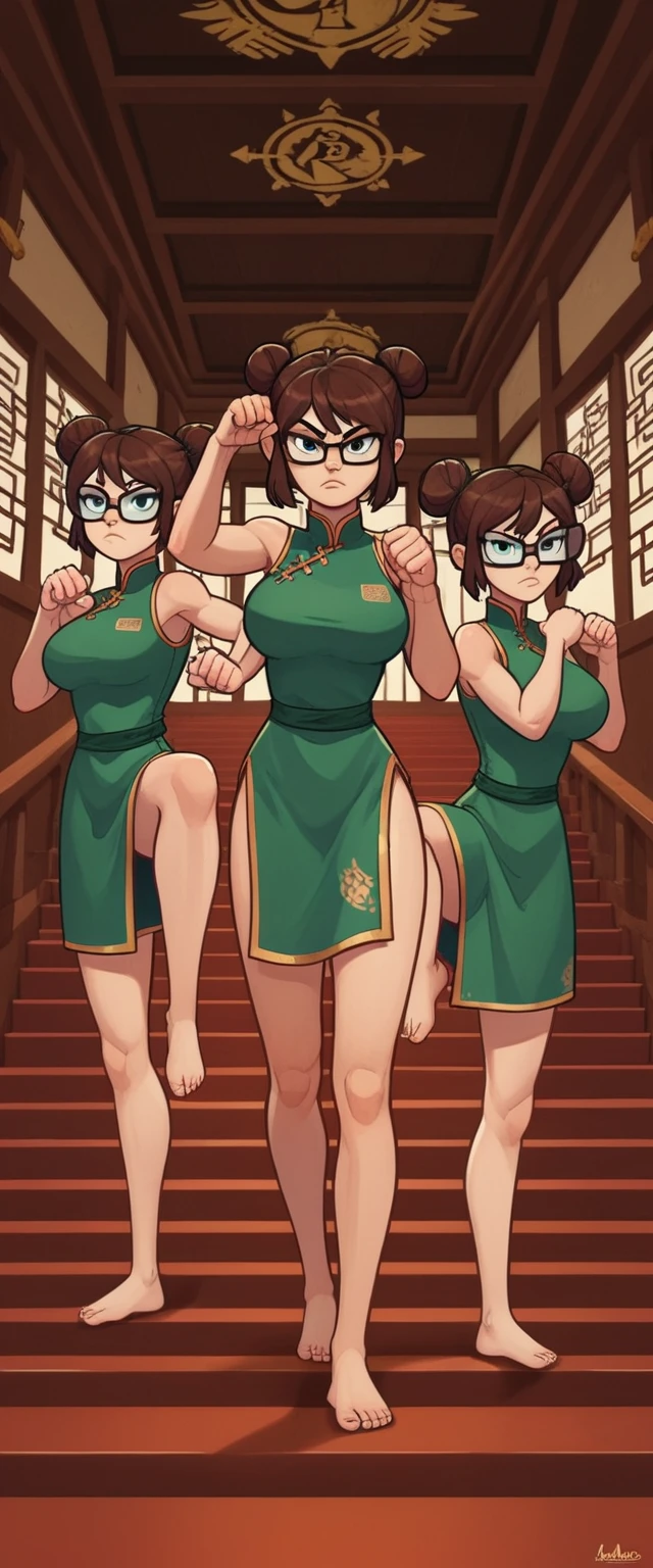 lisaloud, 3girls, trio, 24yo girl, large breasts, green cheongsam,  glasses, two hair buns,  inside of a chinese temple, looking at viewer, brown hair, short, hands  score_9, score_8_up, score_7_up,  teep fighting stance,martial arts, stairs behind her, guarding the stairs, triplet twins