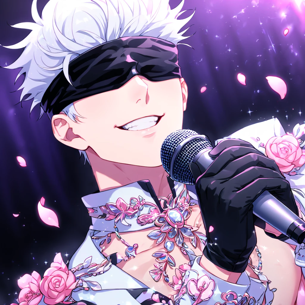 Ultra detailed, Highres, absurdres, HDR, master piece, Gojou Satoru, white hair, black blindfold, covered eyes, blindfolded eyes, Jujutsu Kaisen, sexy man holding a microphone, solo, idol, white idol clothes with trimmings, pink petals, glittering, black gloves, pink flowers, sensual, fantasy, idol stage, concert, manly man, horny, erotic, handsome smile