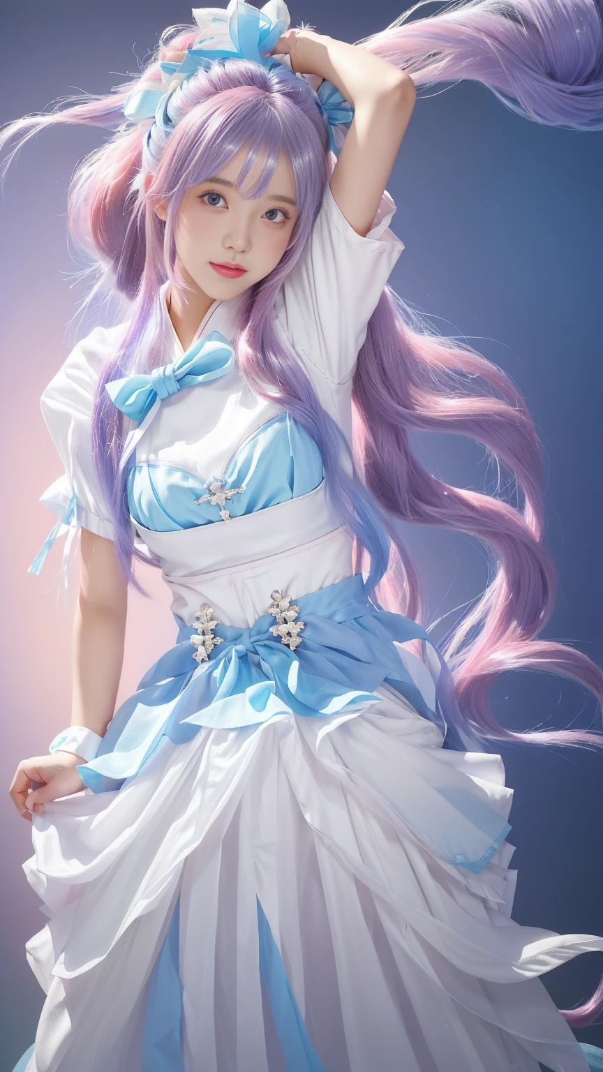 girl, White leggings, Blue bow, Pink Hair, Hair gradient blue, Purple hairpins,Her Color, Can you take a quick look, Light pink.,Pure School,一个美丽的girl,