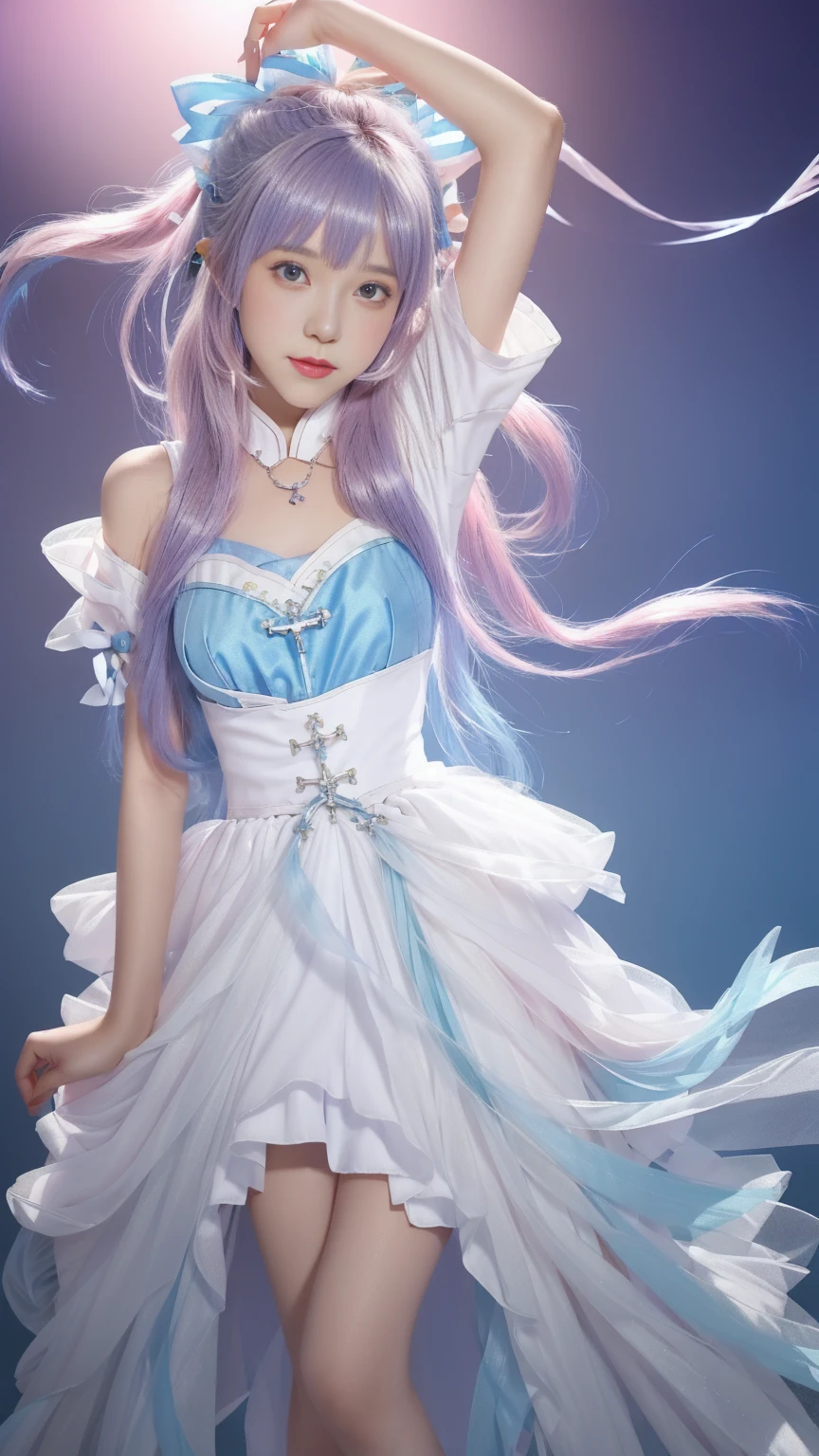 girl, White leggings, Blue bow, Pink Hair, Hair gradient blue, Purple hairpins,Her Color, Can you take a quick look, Light pink.,Pure School,一个美丽的girl,