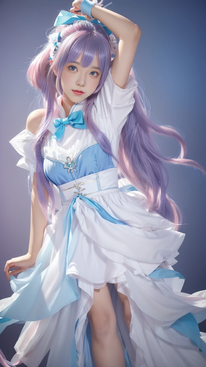 girl, White leggings, Blue bow, Pink Hair, Hair gradient blue, Purple hairpins,Her Color, Can you take a quick look, Light pink.,Pure School,一个美丽的girl,