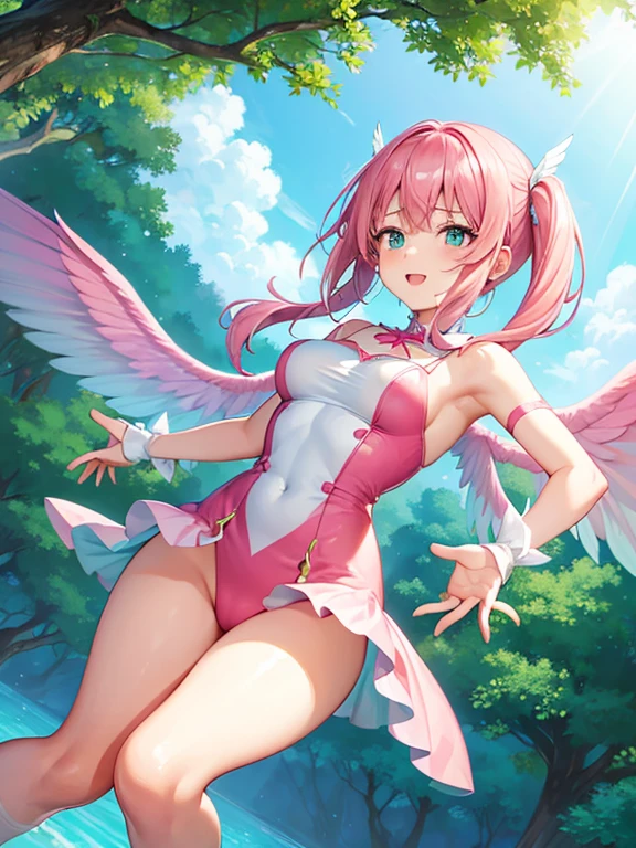 1girl, fun loving female fairy, 1thumb and 4 fingers on each and, 1hand on each arm, 1arm on each shoulder, 1foot on each leg, pink long hair, aqua shiny no-crossed eyes, pink and aqua leotard, pink and aqua sleeve on each arm, pink and aqua leg warmer on each leg, 2wings on her back near the shoulders, aqua insect-like wings, forest is the background, full view