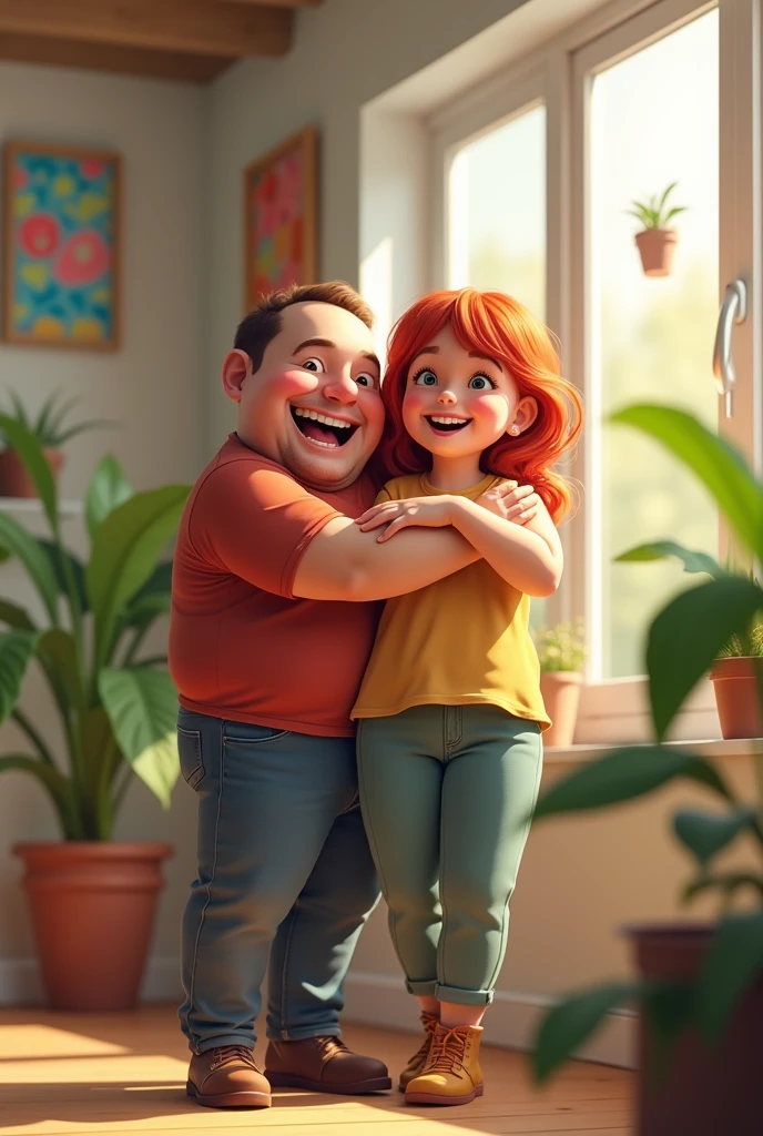 Fat guy hugging redhead with bangs