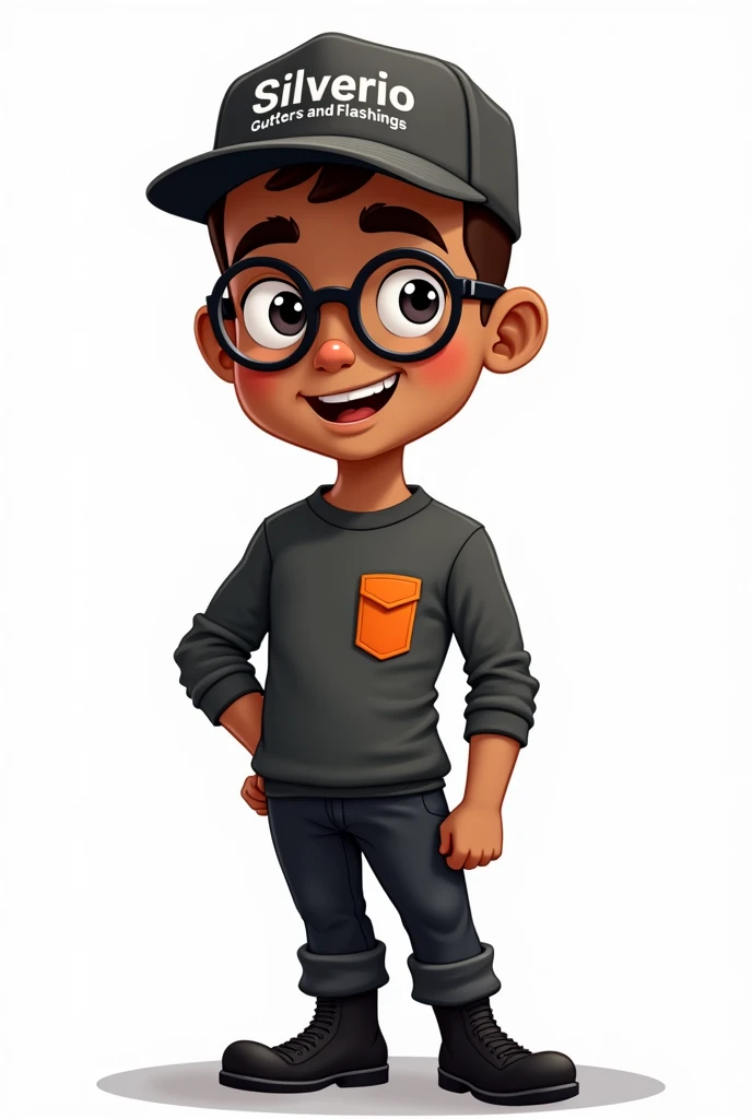 The image is a cartoon style illustration, com fundo branco. Nela, A BROWN MAN, He appears, wearing glasses. a dark gray long sleeve t-shirt with orange details on the right side pocket and a matching cap, gray with orange details, where is it registered "Silverio gutters and flashings". The man also wears black pants and black boots., giving him a hard-working appearance.