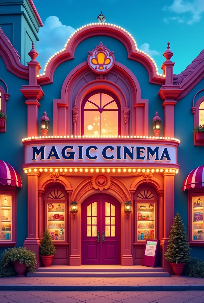 make the outside of a cinema. that it is called MAGIC CINEMA that it is cartoonish, that only the front part is visible. Let nothing cover it, that has the entrance in the middle, the ticket office where they sell the tickets on the right side, and the food on the left side, that are in the shape of a window, that is cute and eye-catching, that is elegant and with a tall and striking structure