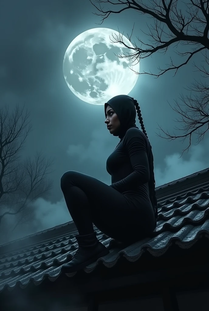 a roof of a Japanese dojo, a sexy ninja warrior, lowered as if hidden, observing from above, full moon night, gloomy background