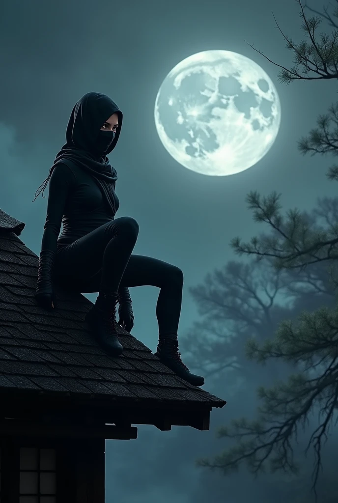 a roof of a Japanese dojo, a sexy ninja warrior, lowered as if hidden, observing from above, full moon night, gloomy background