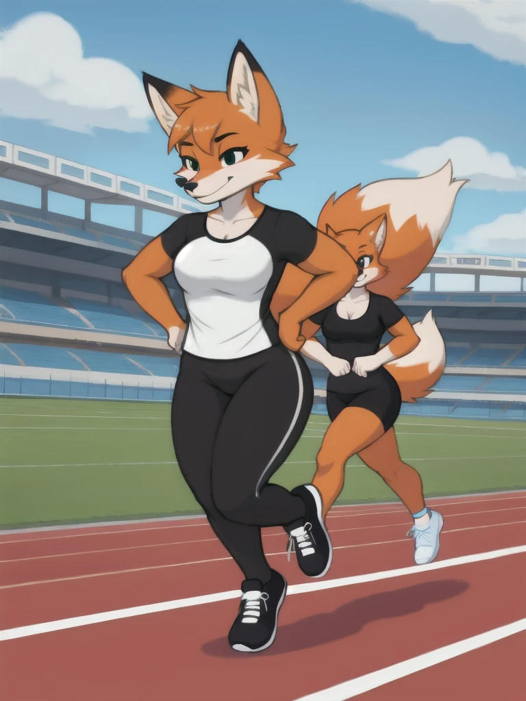 Furry, fox, female, black shirt, black leggings, shoes, running track, friends, full body