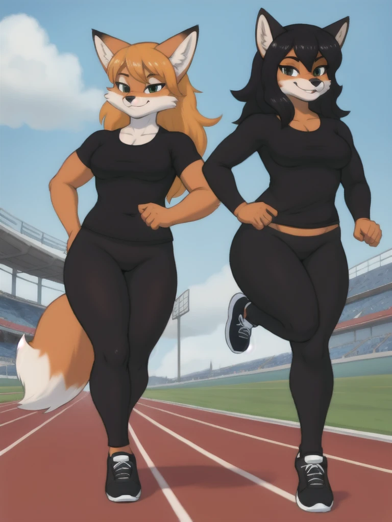 Furry, fox, female, black shirt, black leggings, shoes, running track, friends, full body
