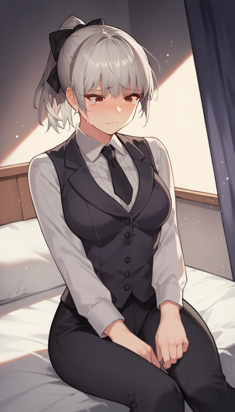 score_9, score_8_up, score_7_up, source_anime, 1girl, red eyes, room, wariza, short haircut, ponytail, grey hair, cry face, teary eyes, portrait, blazer, starshadowmagician, solo, Adult woman, best perfect anatomy, thin, curvy body, medium breasts, curvy body, close up shot on person suffering from anxiety, a woman showing sadness, lonely woman, a woman sitting in bed, white shirt, black tie, black format vest, Long-sleeved shirt, black trousers, dynamic angle. no light source, dark background, night days, dark hotel bedroom background,