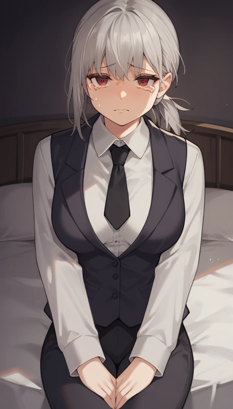 score_9, score_8_up, score_7_up, source_anime, 1girl, red eyes, room, wariza, ponytail, grey hair, cry face, teary eyes, portrait, blazer, starshadowmagician, solo, Adult woman, best perfect anatomy, thin, curvy body, medium breasts, curvy body, close up shot on person suffering from anxiety, a woman showing sadness, lonely woman, a woman sitting in bed, white shirt, black tie, format black vest, Long-sleeved shirt, black trousers, dynamic angle. no light source, dark background, night days, dark hotel bedroom background, 