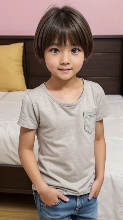 Highest quality、Realistic、、Japanese、zoom、man、、So cute!、Big eyes、Bedroom、Grey Eyes、Light brown hair、Very Short Hair、White short sleeve shirt、Denim pants、thin、Cowboy Shot
