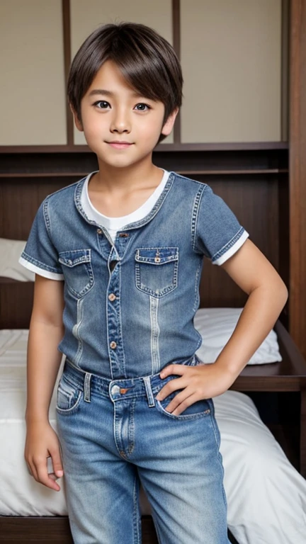 Highest quality、Realistic、、Japanese、zoom、man、、So cute!、Big eyes、Bedroom、Grey Eyes、Light brown hair、Very Short Hair、White short sleeve shirt、Denim pants、thin、Cowboy Shot
