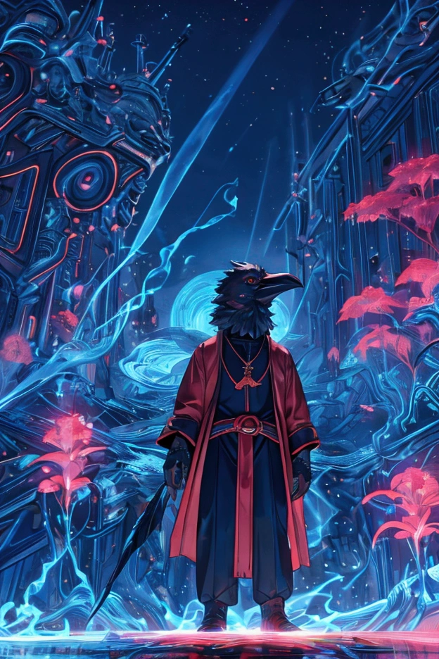 masterpiece,epic,corvid, smiling in a sadistic and disturbing way, priest's suit with red stripes, red vest under the trench coat, round red glasses, background of vapor waves,the universe in hands.