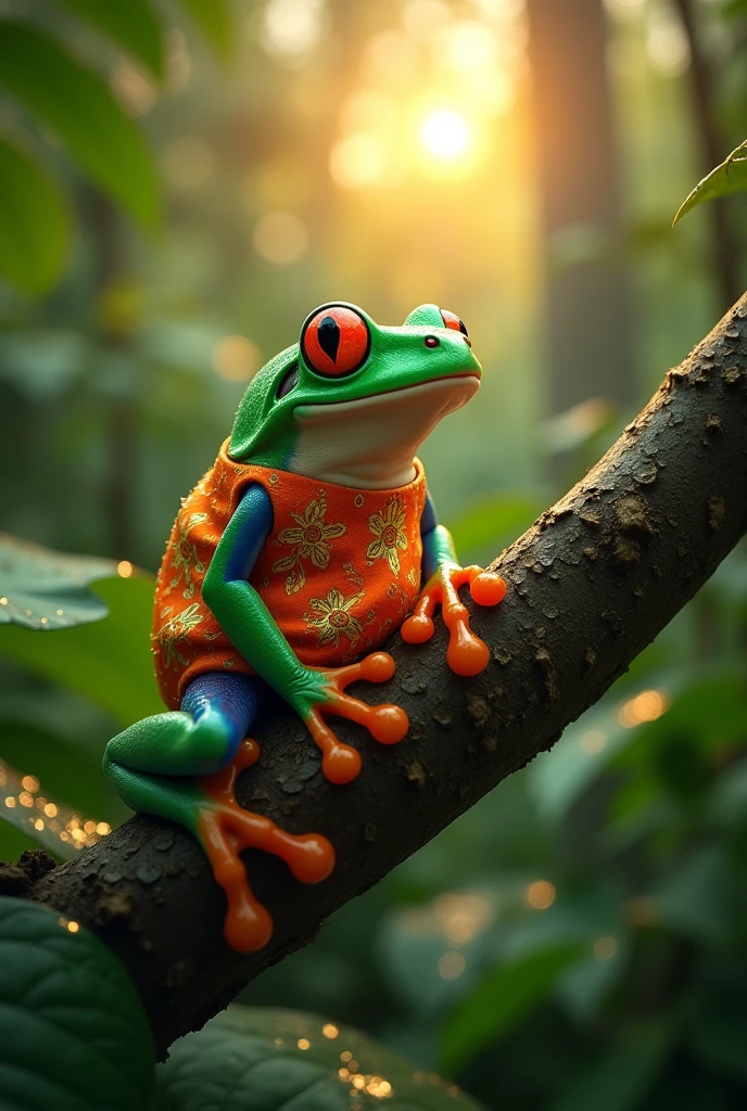 tropical rain forest,Light rain,Morning dew sparkles,A fat green tree frog,カエルはtropical rain forestから飛び出した木の枝の上にいる,The frog is wearing an orange Chinese dress,Watching the sunset,Ultra-realistic,high resolution,