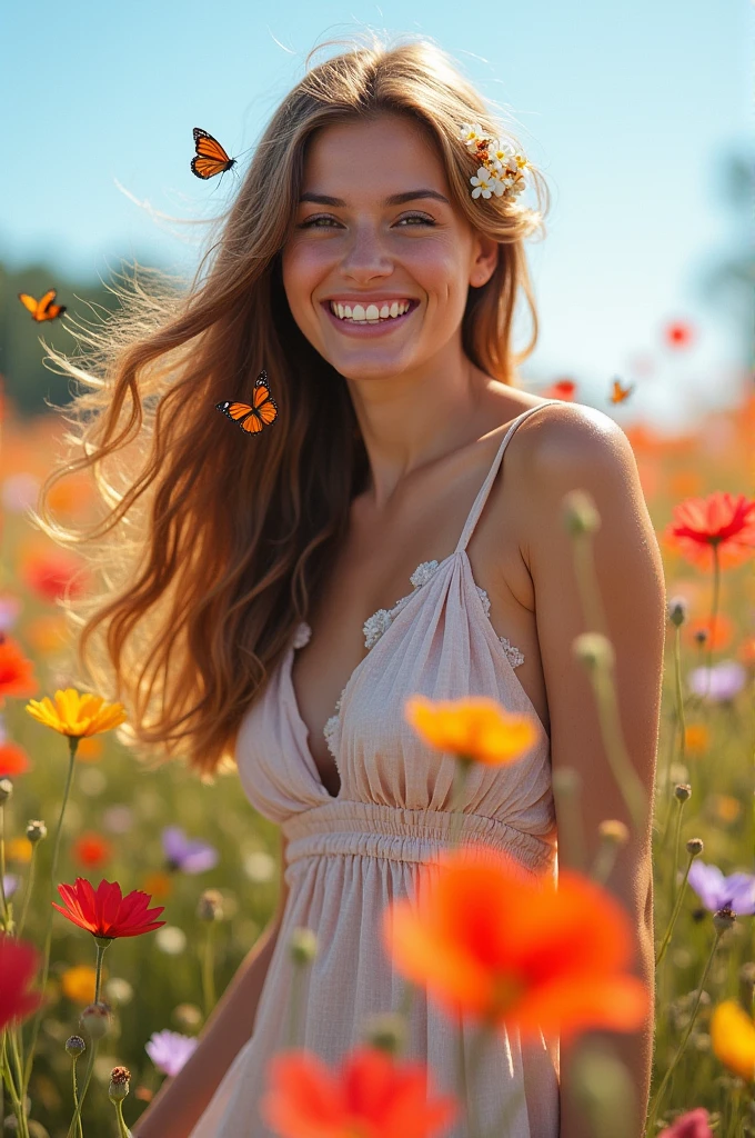 Woman standing smiling among flowers