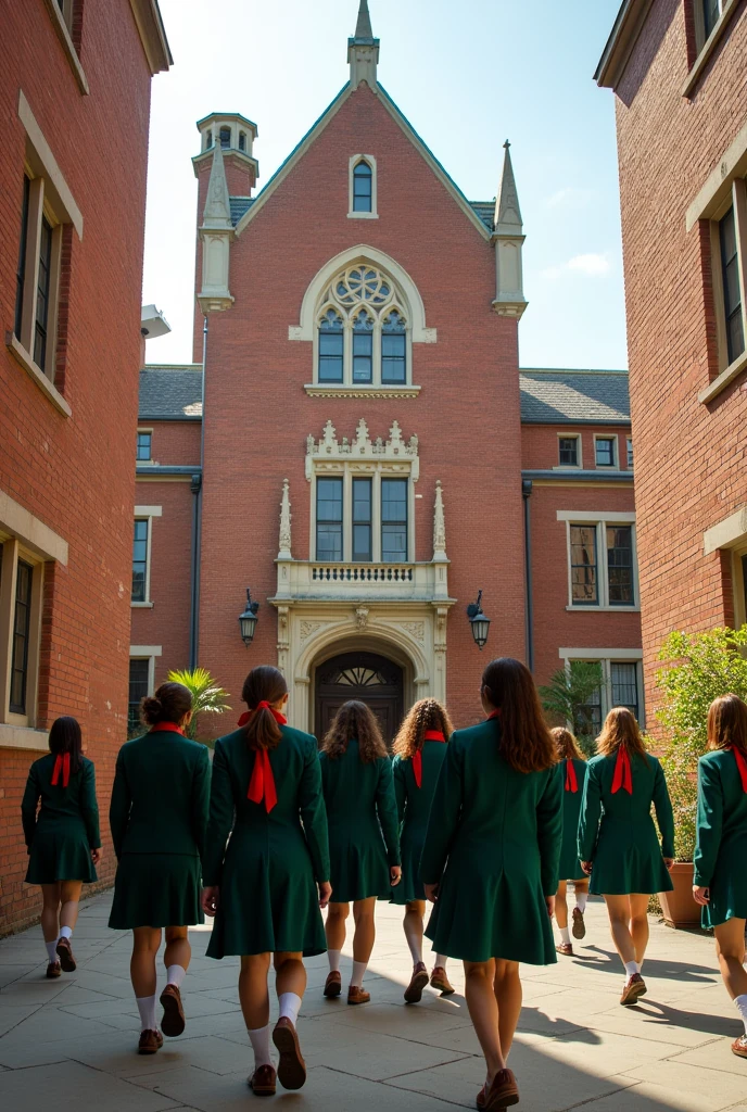 Brick school, tall and spacious, students wear green uniforms, high school students, located in the city, uniforms are green with red ribbons and green blazers, skirt color is green, uniform is deep green, real photo, ribbon instead of tie, shoes are brown leather, outside