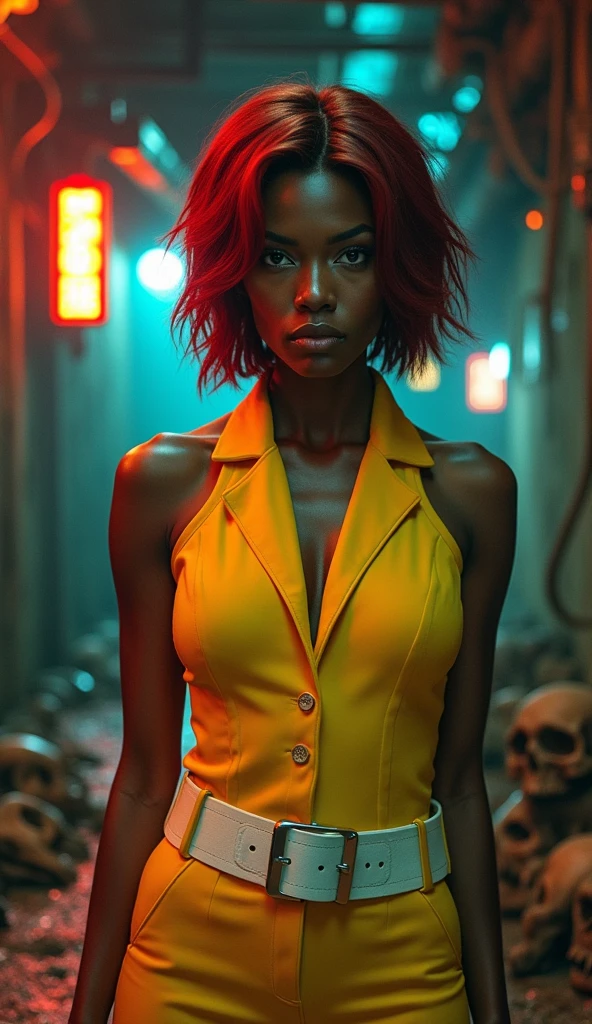 unreal engine:1.4,UHD,The best quality:1.4, photorealistic:1.4, skin texture:1.4, masterpiece:1.8,Posing behind April O'Neil waifu, 1980s \(style\), 1 woman, brown hair,(mini skirt white cyborg yellow :1.4), (cyborg mecánica plastic transparent :1.4), Red hair,short hair,orange hair,serious expression, worried expression, Retro art style, short hair, only, female television reporter, yellow jersey suit, white belt,jersey suit on yellow hips, (naked_old: 1.2), half_old, neckline, hyperrealistic eyes, beautiful eyes,detailed eyes, realistic face, beautiful woman woman, realistic background,Inside a cyberpunk sewer tunnel, Amazing lights, amazing background, TV reporter, high quality, (RAW photo, best quality), (realistic, photorealistic: 1.4), (extremely delicate and beautiful: 1.4), amazing, fine details, masterpiece, ultra detailed, high resolution, best illustration, best shadow, intricate, ( extremely intricate: 1.2), (exquisitely detailed skin), cinematic light, perfect anatomy, (cool color: 1.4), sharp focus, 8k UHD, DSLR, (Fujifilm XT3),(cyborg V2.1), (cyborg plastic yellow mecánica transparente :1.4), Epic Fantasy Art Style HD, 4K fantasy art, epic fantasy digital art style, epic fantasy art style, Fantasy Woman, epic fantasy art portrait, Epic fantasy style, hyperrealistic fantasy art, hd fantasy art, Epic fantasy character art, epic fantasy art, in style of dark fantasy art, epic fantasy digital art, (colores brillantes cyberpunk ), (plastic stockings BodySuit cyborg transparent yellow :1.4),( colores vívidos), (iluminación cinematográfica :1.4),( fondo ciudad destroyed apocalypse cráneos huesos de dinosaurios :1.4)) , ((huesos de dinosaurios grandes :1.4),( no text)), (medio cuerpo :1.4), (dark ebony skin:1.4)